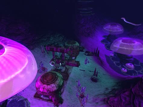 an image of a computer generated environment with purple lights and various objects in the ...