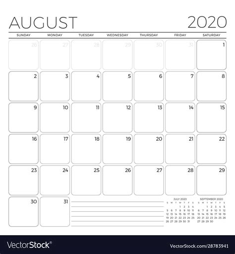 August 2020 monthly calendar planner template Vector Image