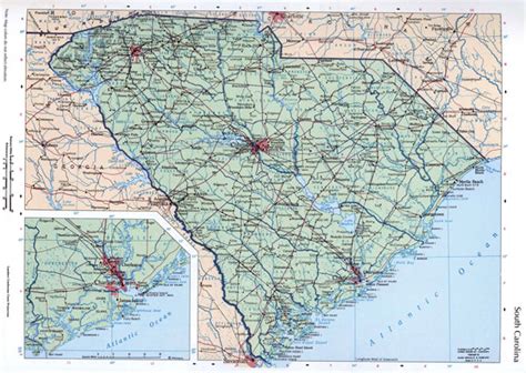 Large map of the state of South Carolina with cities, roads and ...