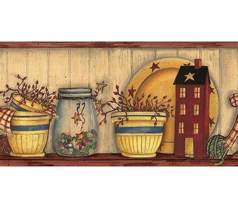 Country Cupboard Red Wallpaper Border | Primitive wallpaper, Red wallpaper, Wallpaper border kitchen