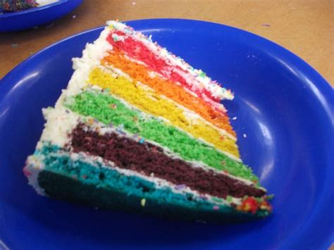 The rainbow cake I made for my class party. The children loved eating it just as much as I ...