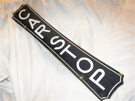 VINTAGE PORCELAIN ENAMEL TROLLEY CAR STOP DOUBLE SIDED ORIGINAL SIGN ...