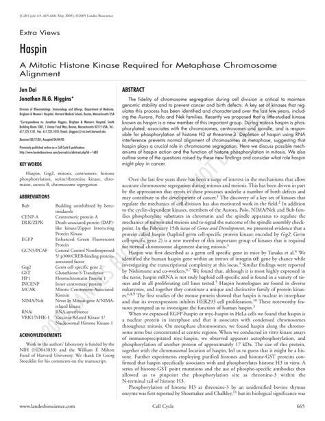 (PDF) Haspin: A Mitotic Histone Kinase Required for Metaphase Chromosome Alignment