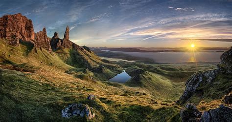 nature, Landscape, Sunrise, Old Man Of Storr, Skye, Island, Scotland, Grass, Sea, Mountain, Sun ...