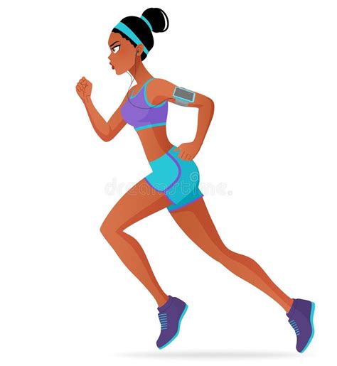 Sporty Black Athlete Woman Running Marathon with Headphones. Cartoon Vector Illustration ...