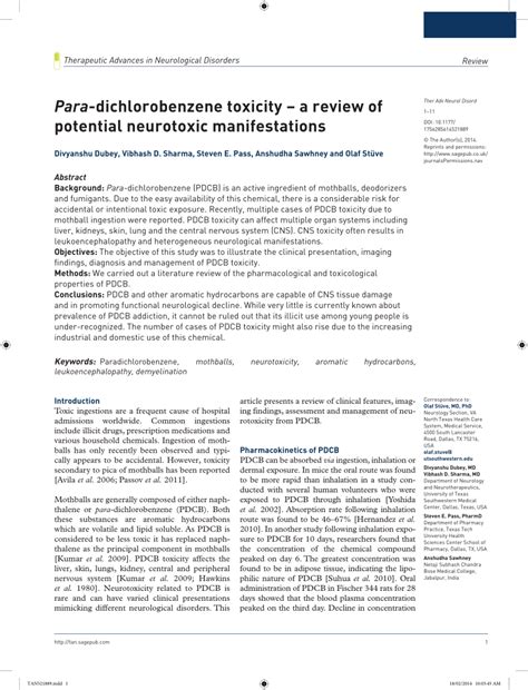 (PDF) Para-dichlorobenzene toxicity - A review of potential neurotoxic manifestations