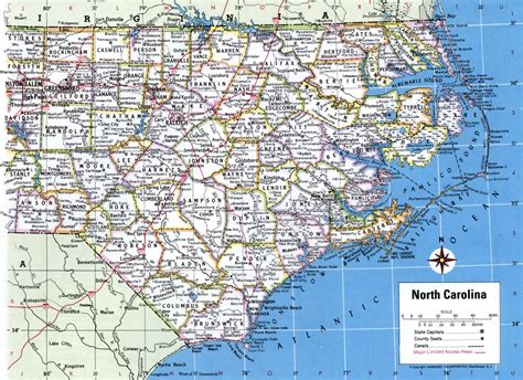 North Carolina state county map with roads cities towns highway counties