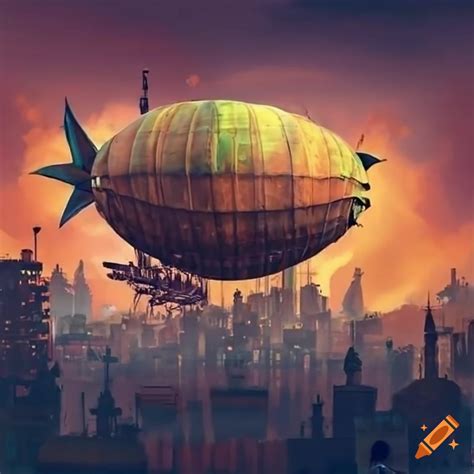 Steampunk airship flying over a burning city on Craiyon