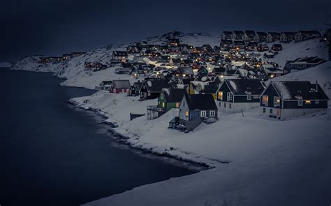 winter, Greenland, landscape, house, snowcapped mountain, built structure, townscape, lights ...