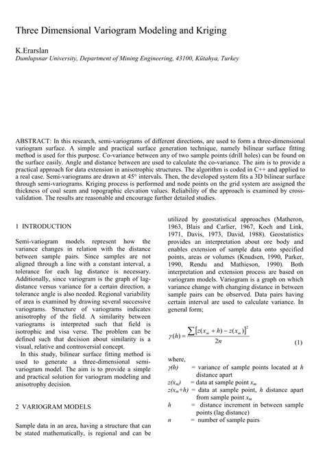 (PDF) Three dimensional variogram modeling and Kriging