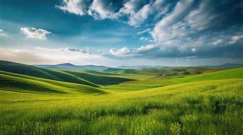 Landscape Grassy Hills At Sunrise Over Hills Background, Rolling Hills ...