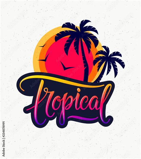 Vintage tropical emblem - text, palm tree silhouettes, sunset and flying birds - logo, badge ...