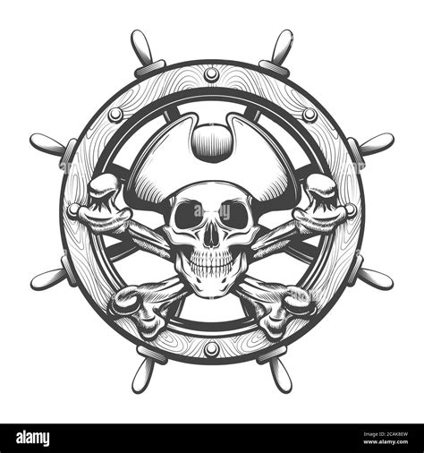 Pirate Skull with crossed bines and ship wheel tattoo. Vector ...