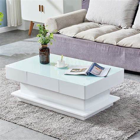 Buy BOJU Modern White High Gloss Coffee Table with 2 Storage Drawers Living Room Large Modern ...