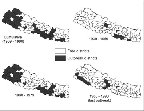 Spatial distribution of rinderpest outbreaks in Nepal during different... | Download Scientific ...