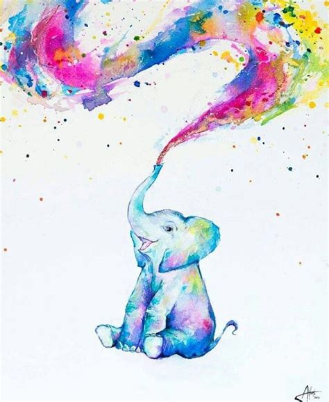 an elephant is sitting in front of a painting with a rainbow swirl coming out of it's trunk