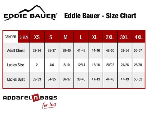 Eddie Bauer - Size Chart - ApparelnBags.com