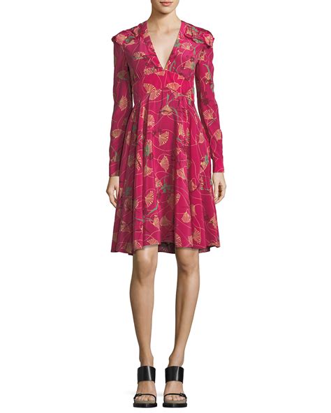 Valentino Lotus-Print Silk V-Neck Dress | Neiman Marcus