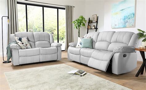 Dakota 3+2 Seater Recliner Sofa Set, Light Grey Classic Faux Leather ...