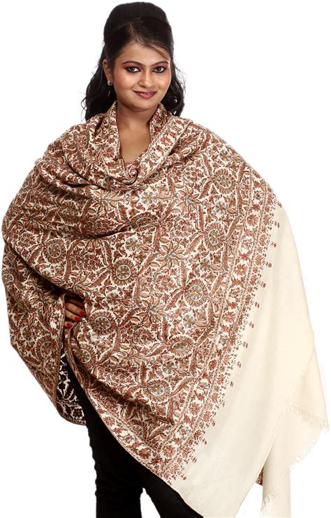 Ivory Original Pure Pashmina Shawl with Hand Embroidered Flowers All-Over | Exotic India Art