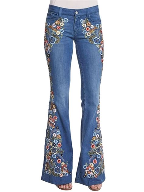 Women Flare Jeans Elastic Waist Bell Bottom Embroidery Floral Denim Pants Ladies Juniors Bell ...