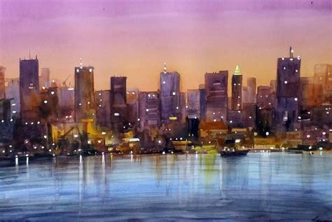 Original Cities Painting by Samiran Sarkar | Fine Art Art on Paper | City at Night-Watercolor on ...