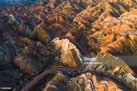 Aerial View Of Danxia Landform At Zhangye National Geopark Stock Photo ...