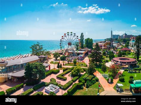 Aerial view of Golden Sands beach resort , Zlatni Piasacithe near Varna ...