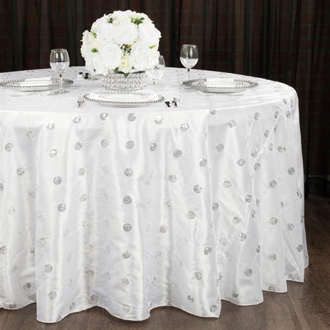 Sequin Embroidery Taffeta 132 inch Round Tablecloth White at CV Linens