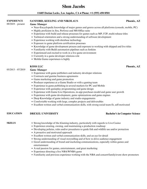 Game Manager Resume Samples | Velvet Jobs