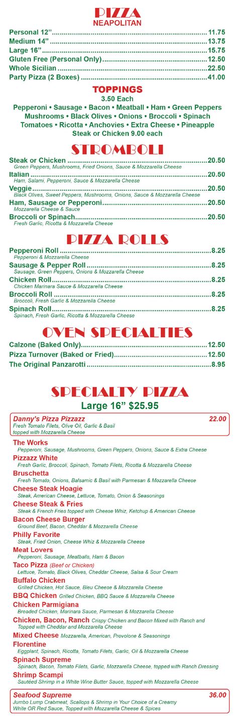 Danny's Pizza Pizzazz Winslow NJ · Pizza Menu