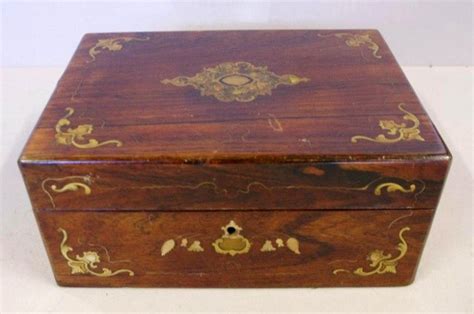 Brass and Shell Inlaid Antique Sewing Box - Boxes - Writing, Sewing, etc. - Small Wooden Items