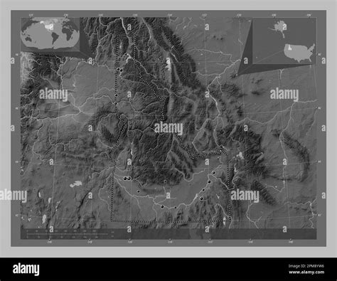 Idaho, state of United States of America. Grayscale elevation map with lakes and rivers ...
