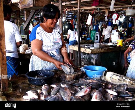 BINANGONAN, RIZAL, PHILIPPINES - NOVEMBER 8, 2018: A fish vendor sells fresh fishes at fish port ...