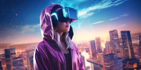 Premium AI Image | Generation Alpha wearing VR headset against blurry city background