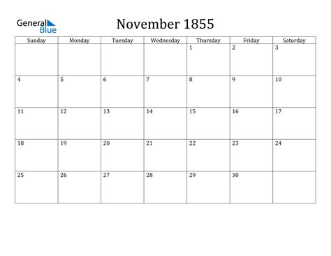 November 1855 Calendar - PDF Word Excel