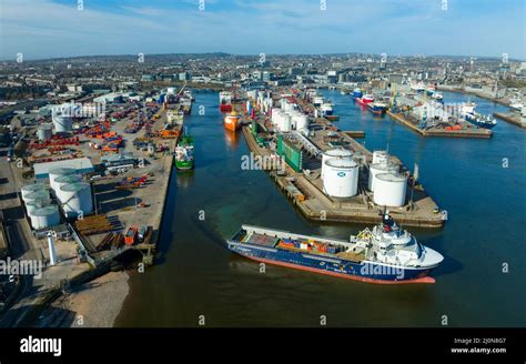 Aerial view from drone of Aberdeen harbour and port which is hub for ...