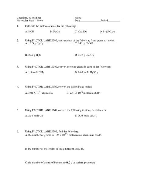 Molecular Mass Worksheet for 10th - Higher Ed | Lesson Planet