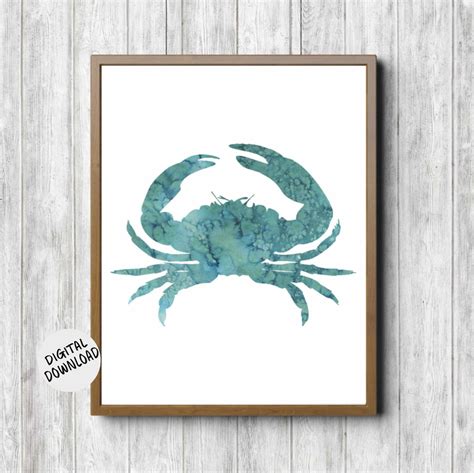 Watercolor Crab Printable Nautical Wall Art Sea Animal Print Teal Sea Life Nursery Decor Beach ...