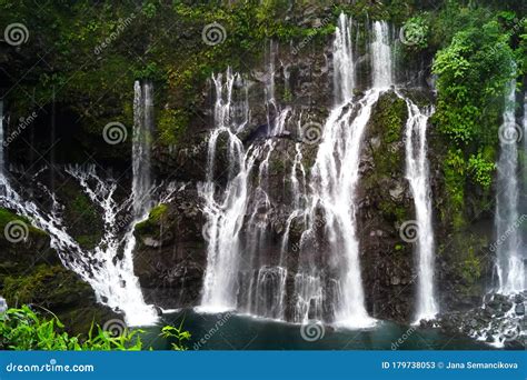 Waterfalls in Reunion with Blue Pond Stock Image - Image of green ...