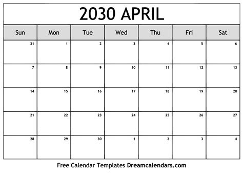 April 2030 Calendar - Free Printable with Holidays and Observances