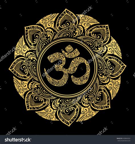 Diwali Om Symbol With Mandala. Round Golden Pattern On Black Background. Hand Drawn Ornate ...