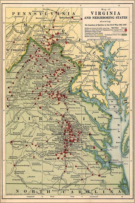 24x36 Poster Map Of Virginia Civil War Battles 1861-1865