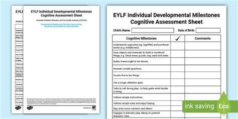 EYLF Individual Developmental Milestones Cognitive Assessment Sheet