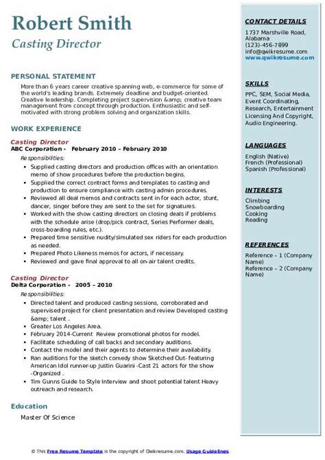 Casting Director Resume Samples | QwikResume