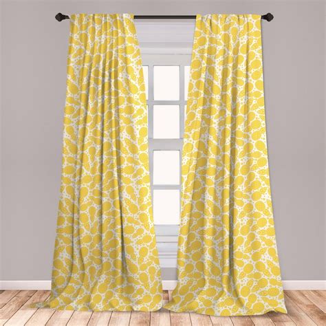 Yellow Curtains 2 Panels Set, Yellow Tropical Exotic Pineapple Fruit Pattern with Dots Little ...