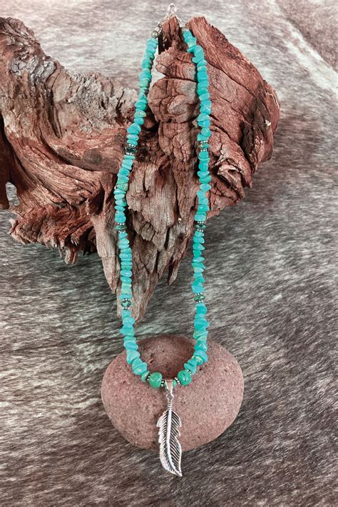 Turquoise Necklace with Silver Feather Pendant - Southwest Indian ...