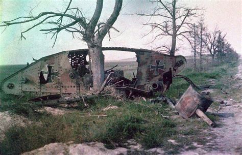 The wreck of a German tank, destroyed during a battle on the Western Front. 1918 autochrome ...