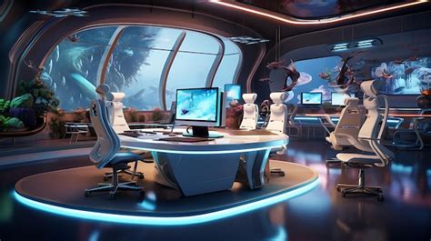 Premium AI Image | Futuristic design of computer room and aquarium view ...