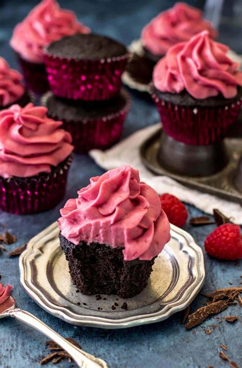 Dark Chocolate Cupcakes with Fresh Raspberry Frosting - Sugar Spun Run